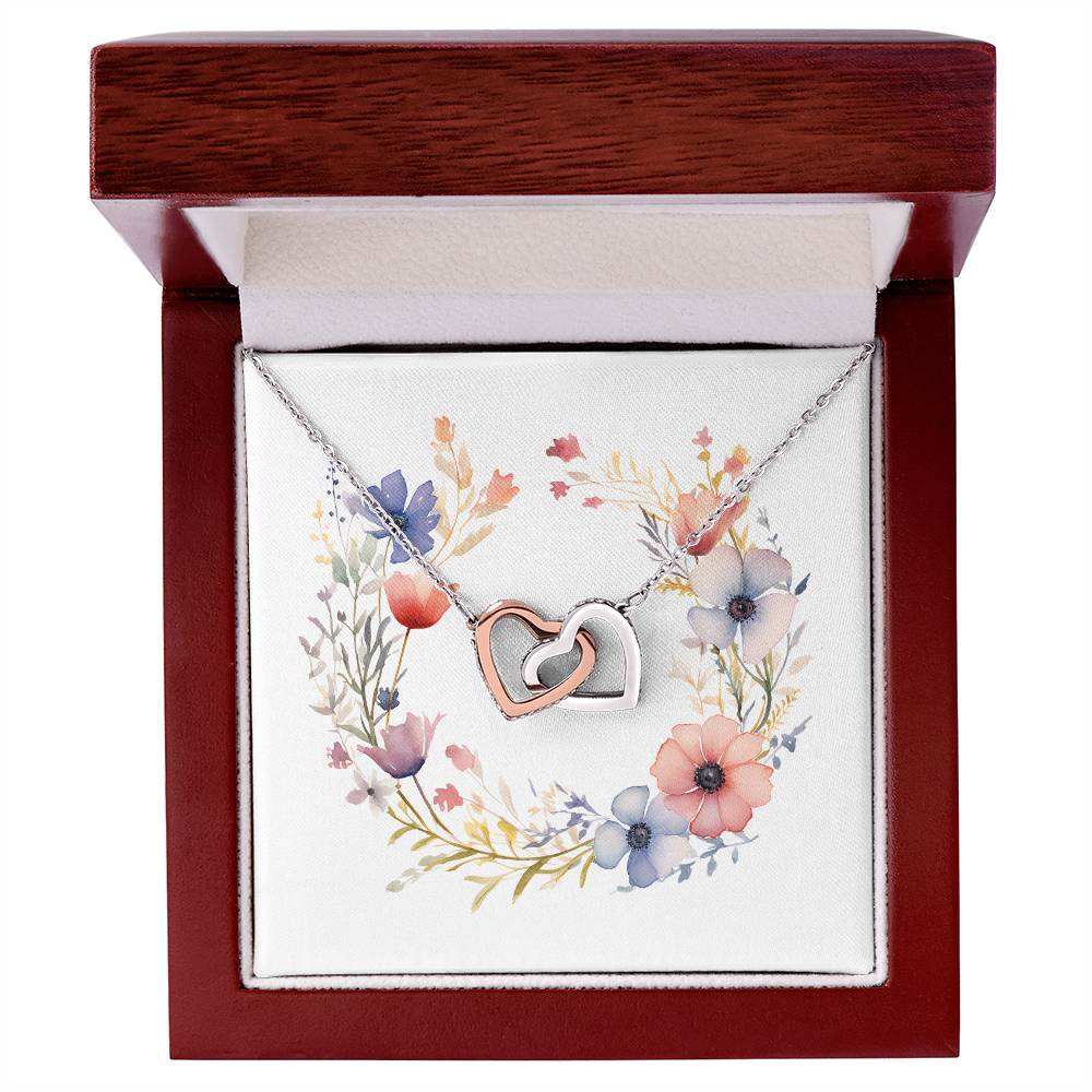 Boho Flowers Wreath Watercolor 18 - Interlocking Hearts Necklace With Mahogany Style Luxury Box
