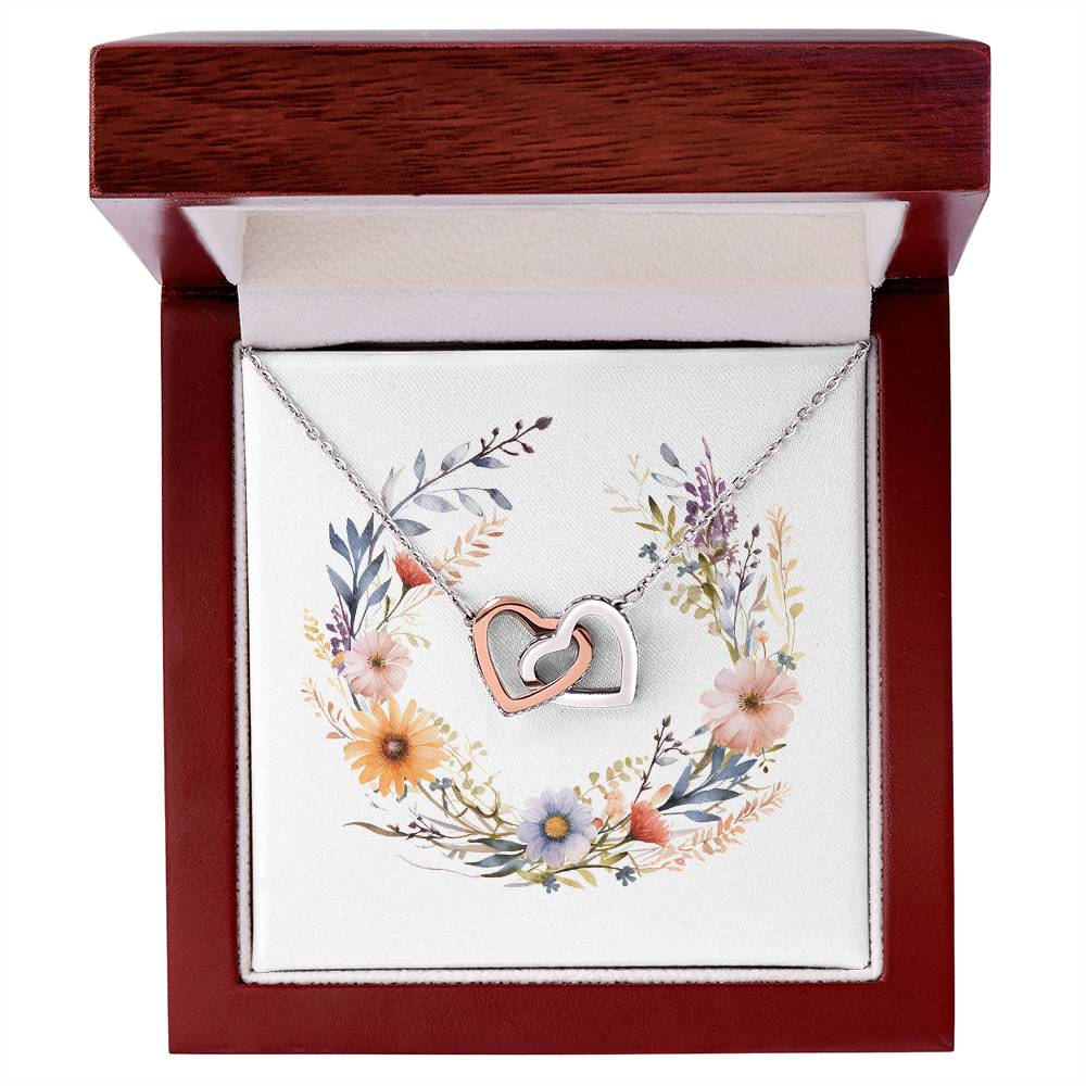 Boho Flowers Wreath Watercolor 19 - Interlocking Hearts Necklace With Mahogany Style Luxury Box