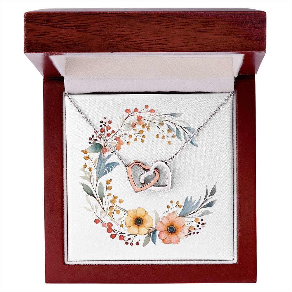 Boho Flowers Wreath Watercolor 04 - Interlocking Hearts Necklace With Mahogany Style Luxury Box