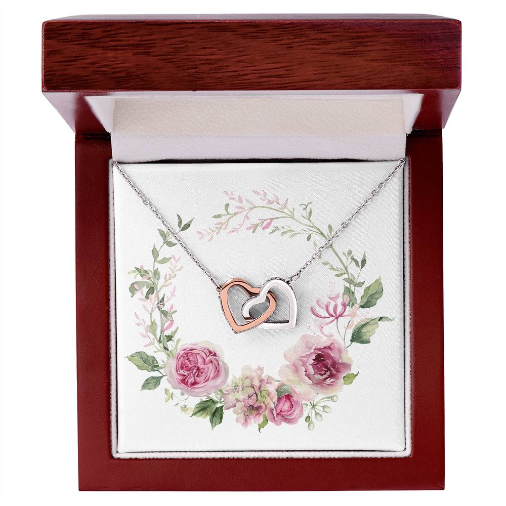 Watercolor Pink Floral Frame 1 - Interlocking Hearts Necklace With Mahogany Style Luxury Box