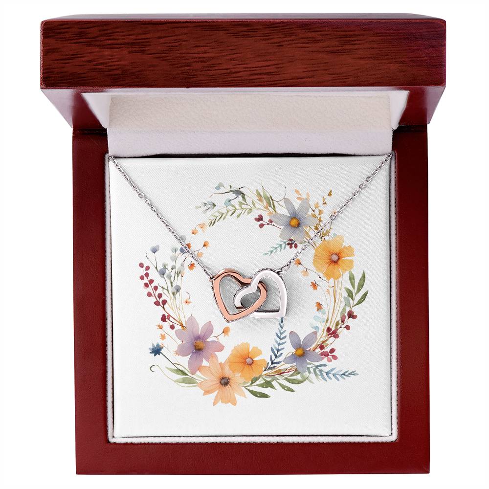 Boho Flowers Wreath Watercolor 10 - Interlocking Hearts Necklace With Mahogany Style Luxury Box