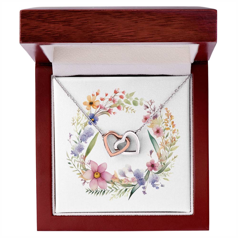 Boho Flowers Wreath Watercolor 07 - Interlocking Hearts Necklace With Mahogany Style Luxury Box
