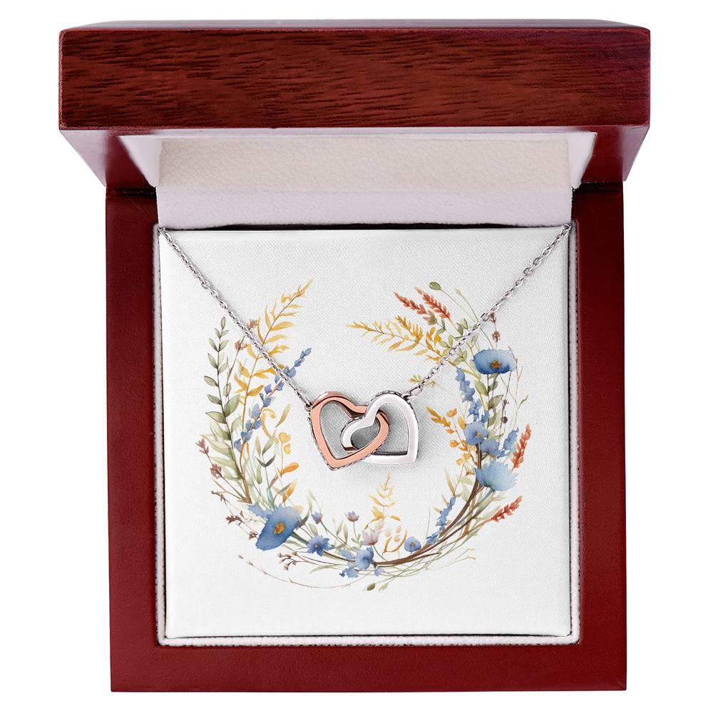 Boho Flowers Wreath Watercolor 03 - Interlocking Hearts Necklace With Mahogany Style Luxury Box