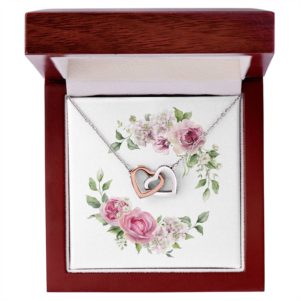 Watercolor Pink Floral Frame 2 - Interlocking Hearts Necklace With Mahogany Style Luxury Box