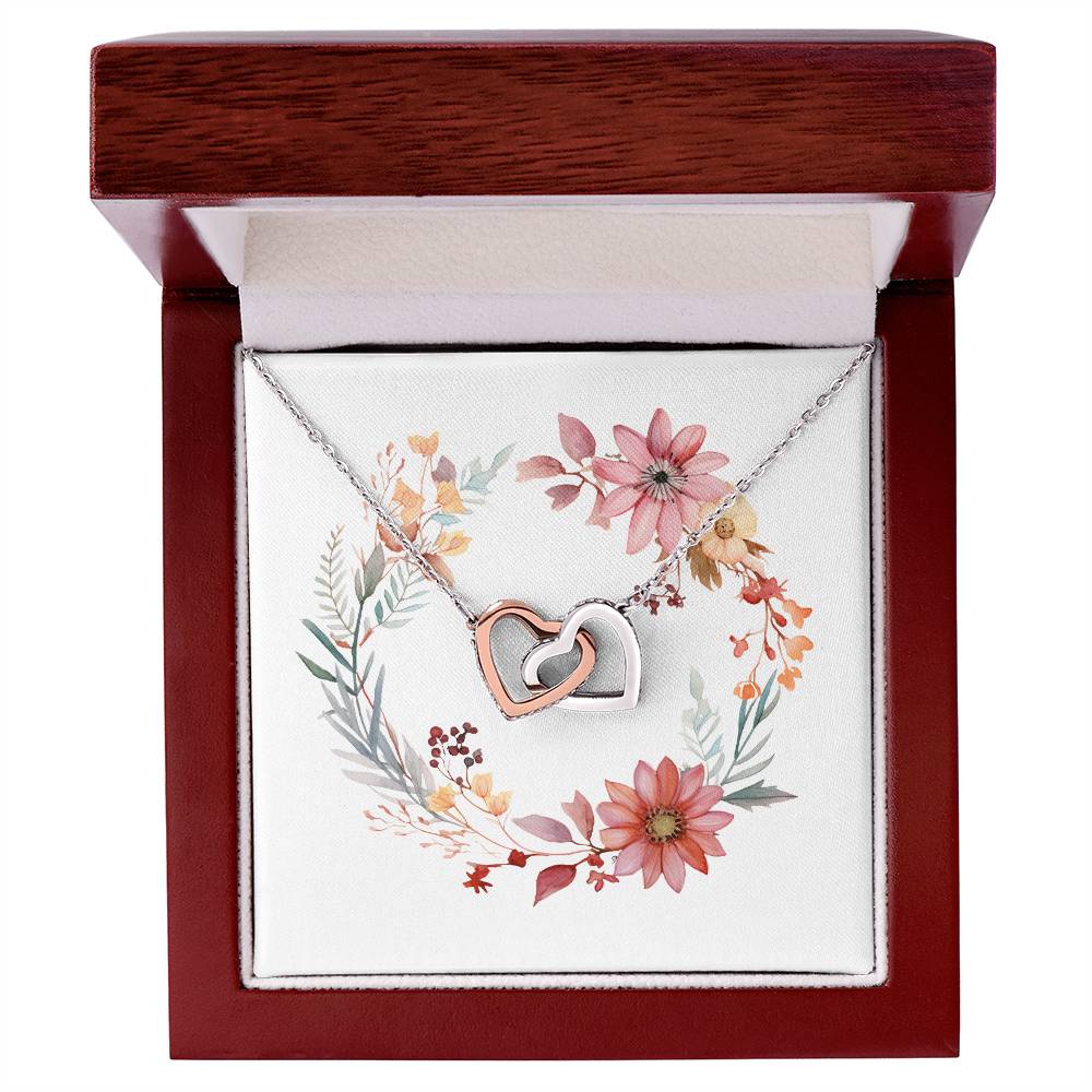 Boho Flowers Wreath Watercolor 20 - Interlocking Hearts Necklace With Mahogany Style Luxury Box