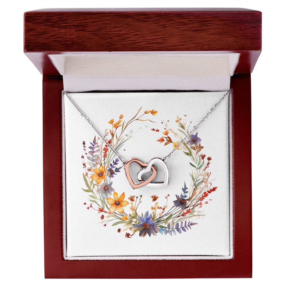 Boho Flowers Wreath Watercolor 14 - Interlocking Hearts Necklace With Mahogany Style Luxury Box