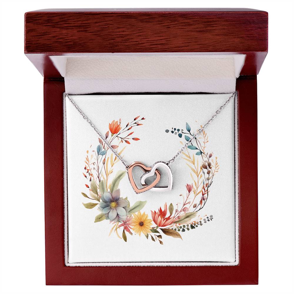 Boho Flowers Wreath Watercolor 17 - Interlocking Hearts Necklace With Mahogany Style Luxury Box