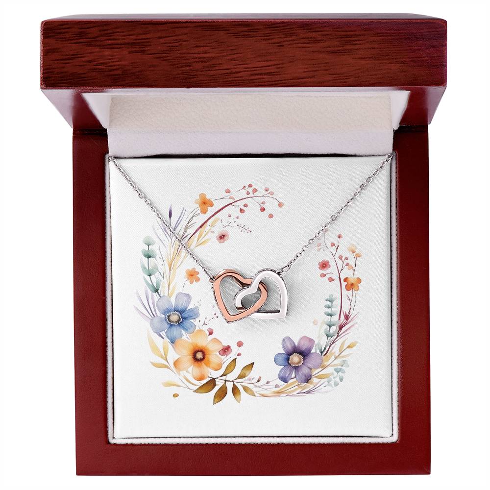 Boho Flowers Wreath Watercolor 11 - Interlocking Hearts Necklace With Mahogany Style Luxury Box