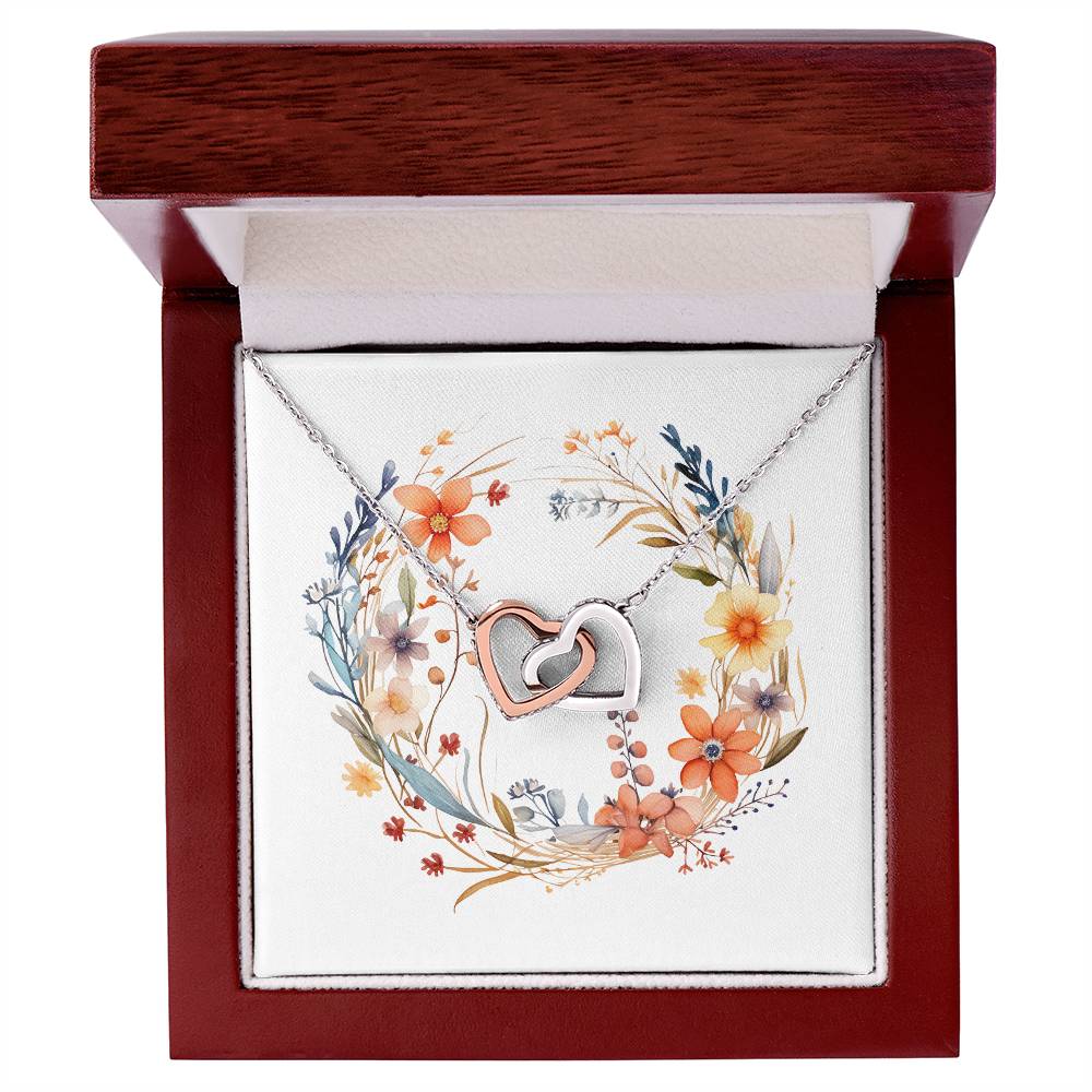 Boho Flowers Wreath Watercolor 06 - Interlocking Hearts Necklace With Mahogany Style Luxury Box