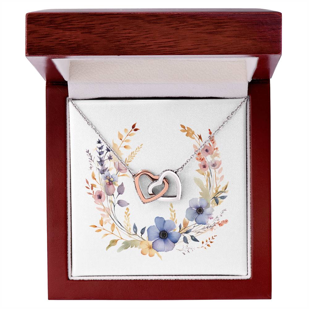 Boho Flowers Wreath Watercolor 02 - Interlocking Hearts Necklace With Mahogany Style Luxury Box