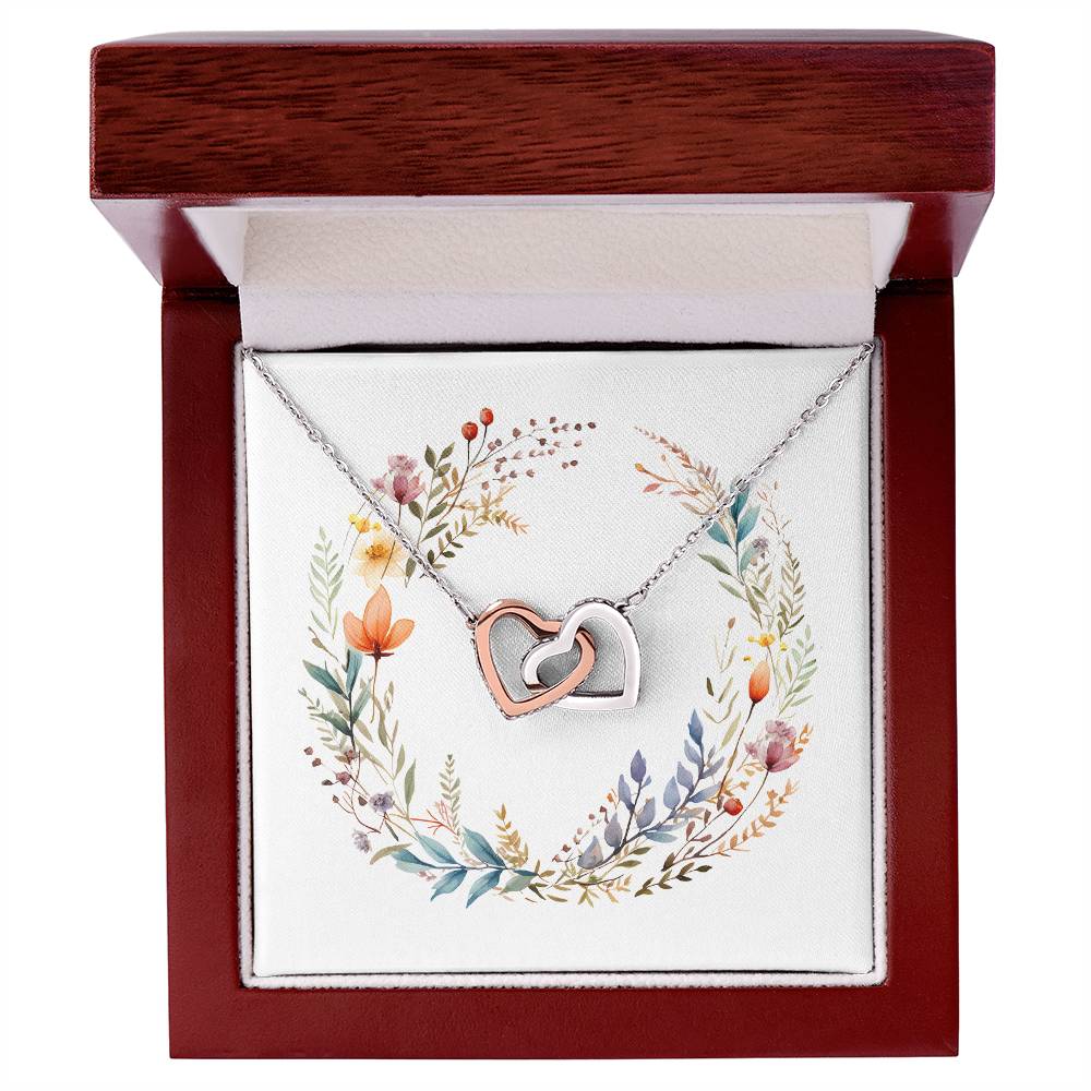 Boho Flowers Wreath Watercolor 16 - Interlocking Hearts Necklace With Mahogany Style Luxury Box