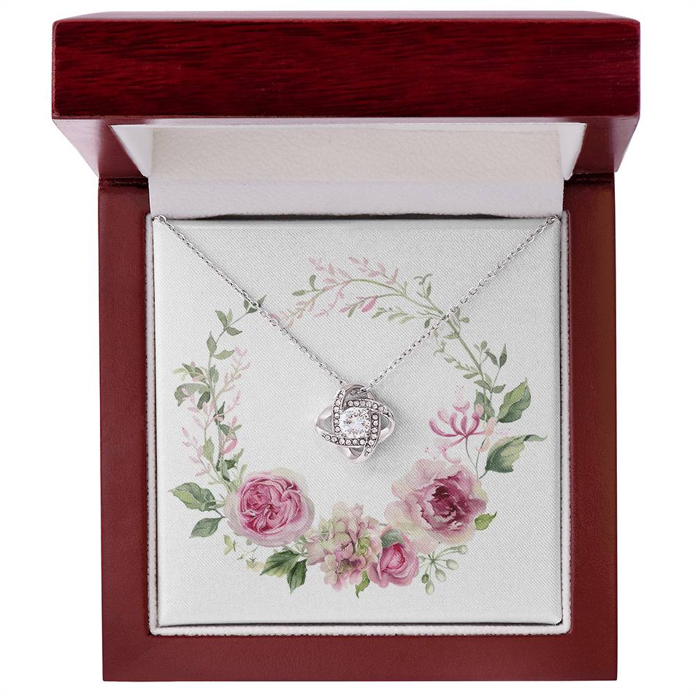 Watercolor Pink Floral Frame 1 - Love Knot Necklace With Mahogany Style Luxury Box