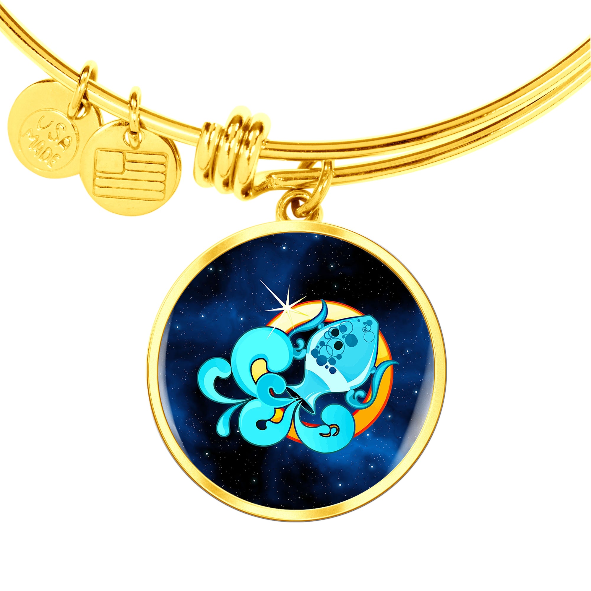 Zodiac Sign Aquarius - 18k Gold Finished Bangle Bracelet