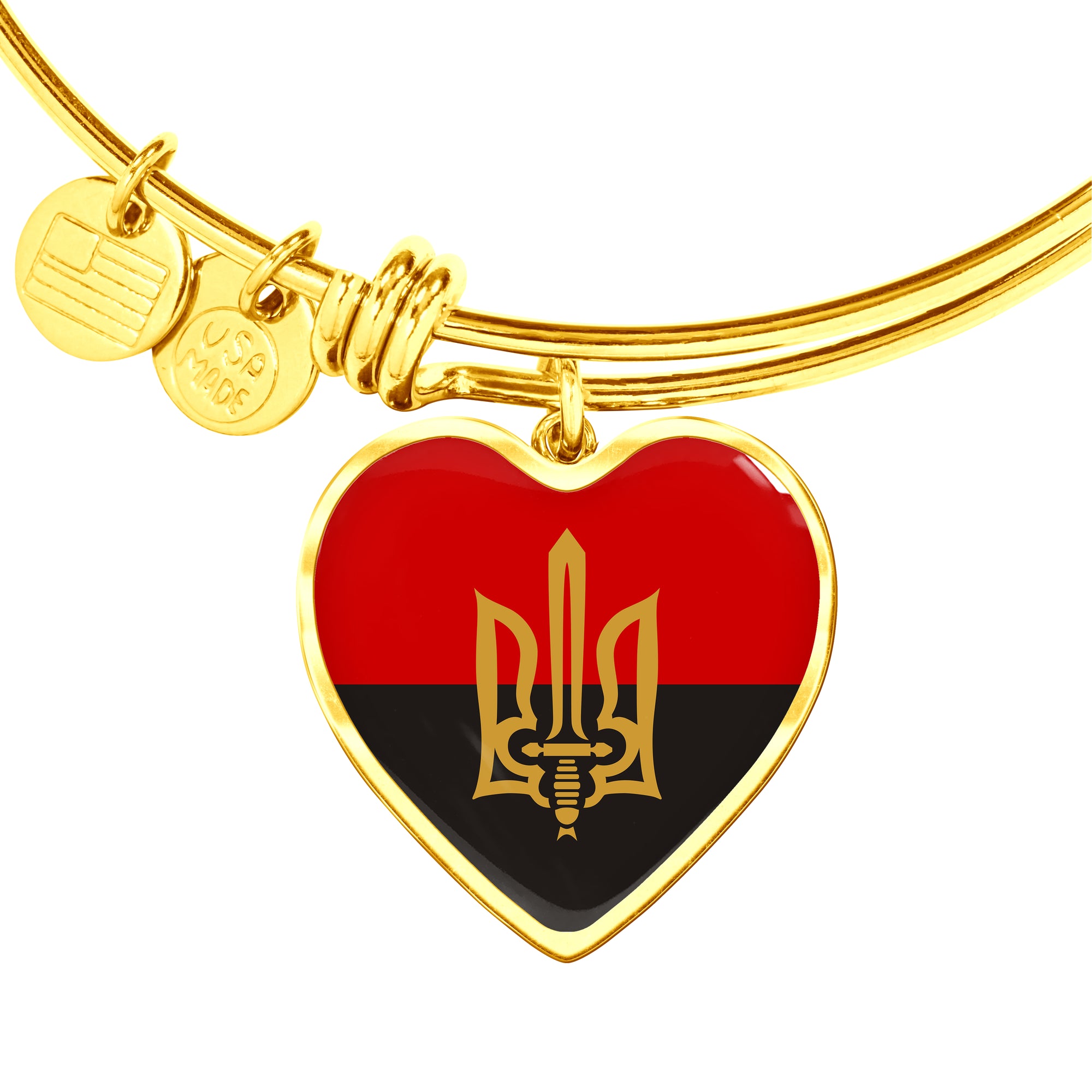 Stylized Tryzub And Red-Black Flag - 18k Gold Finished Heart Pendant Bangle Bracelet