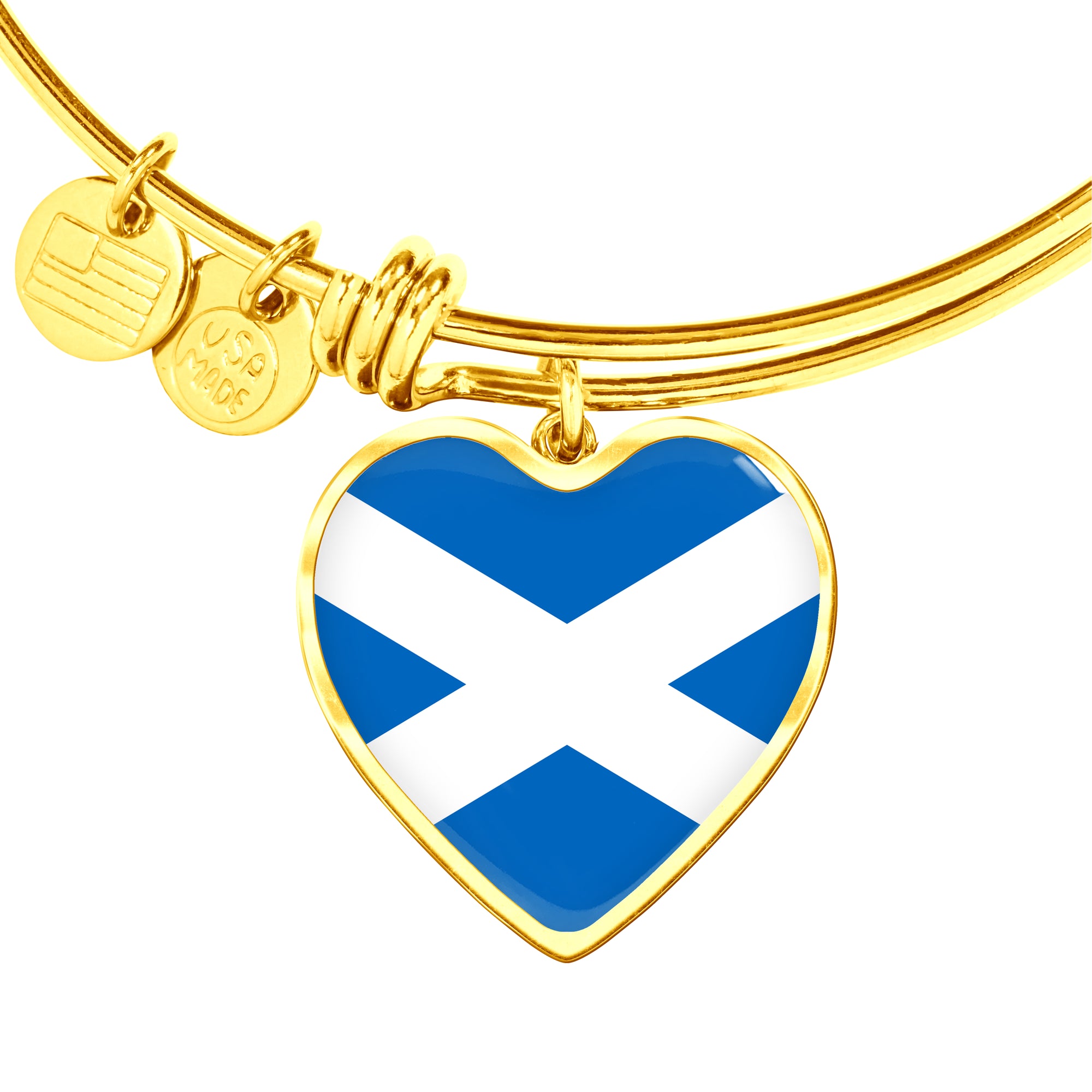 Scottish Flag - 18k Gold Finished Heart Pendant Bangle Bracelet