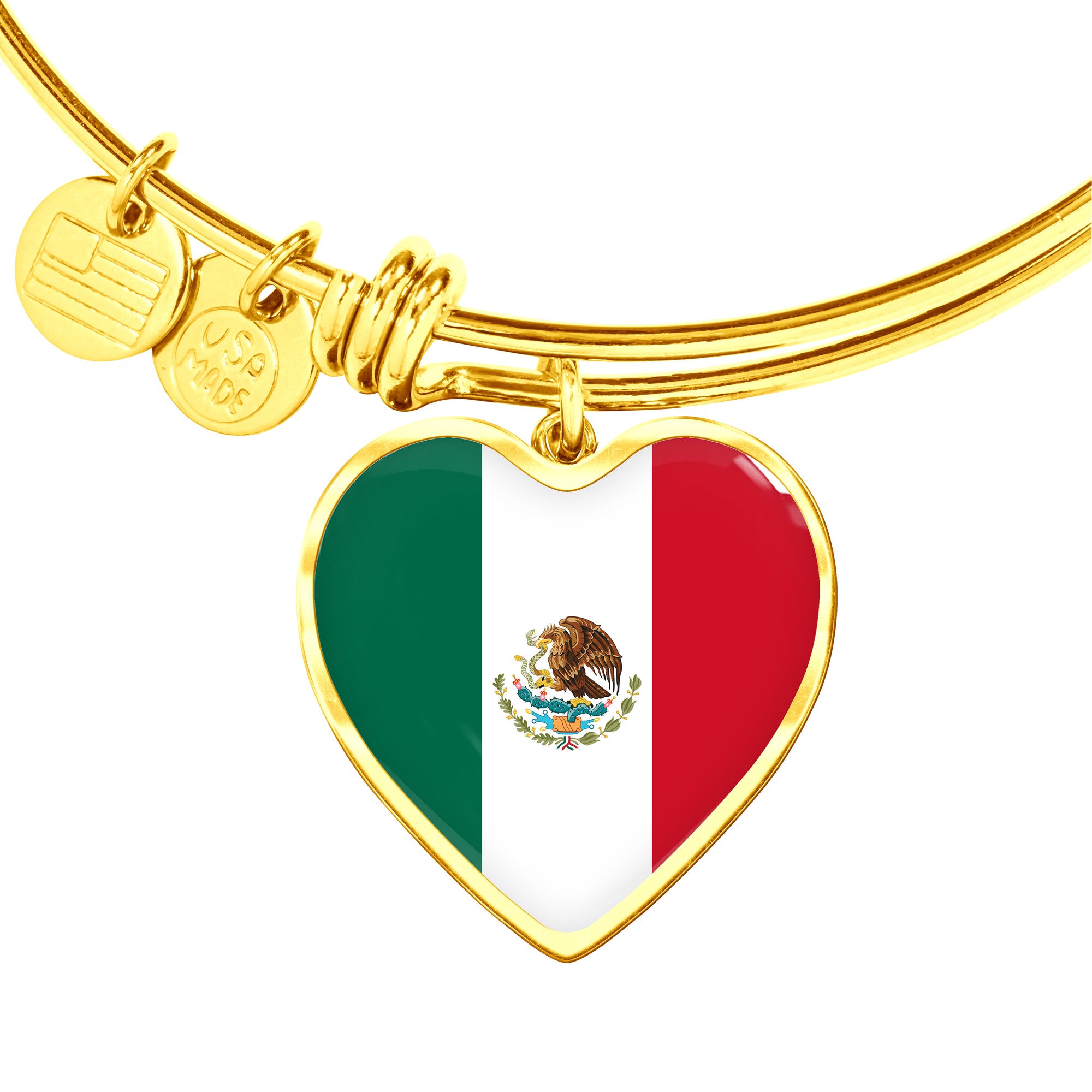 Mexican Flag - 18k Gold Finished Heart Pendant Bangle Bracelet