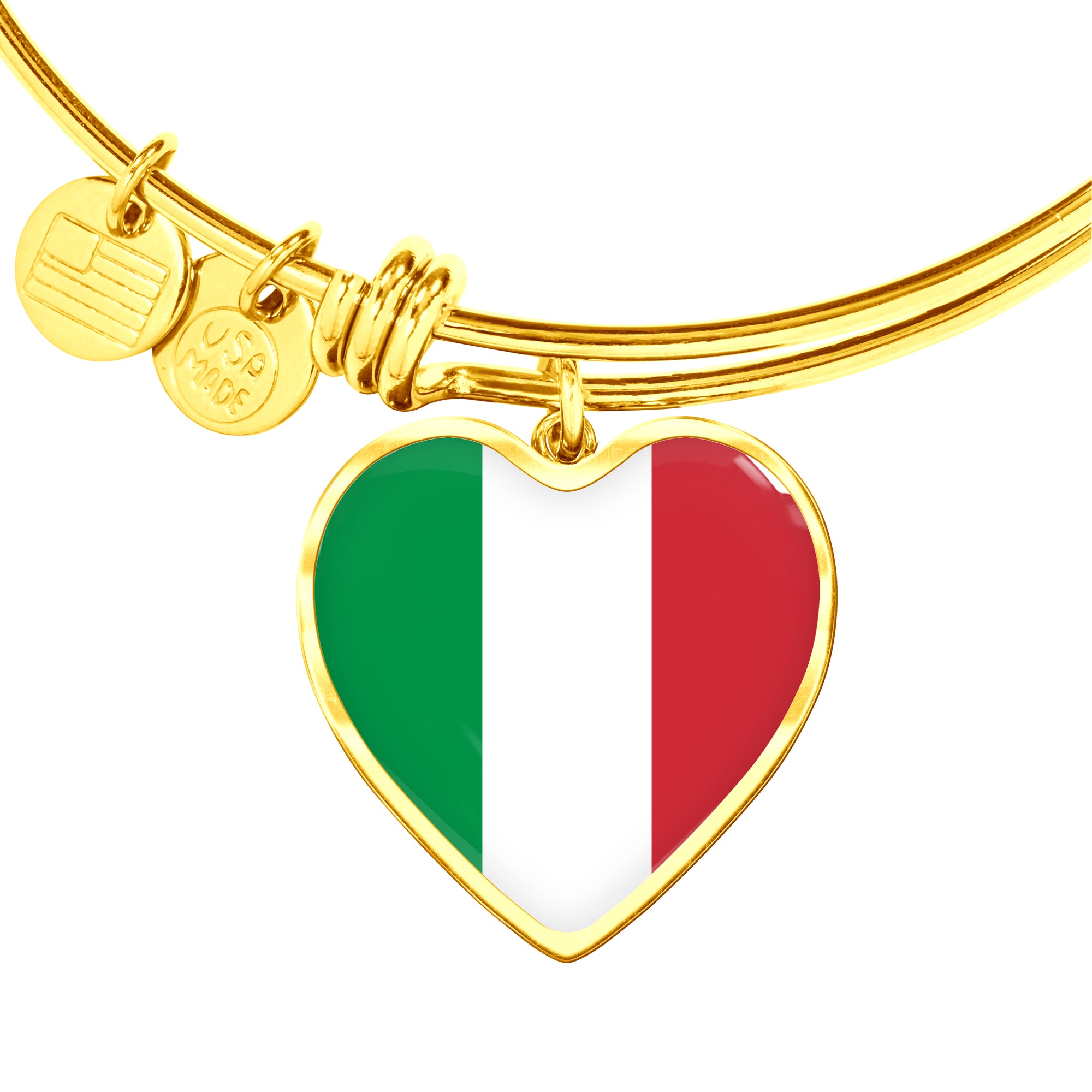 Italian Flag - 18k Gold Finished Heart Pendant Bangle Bracelet