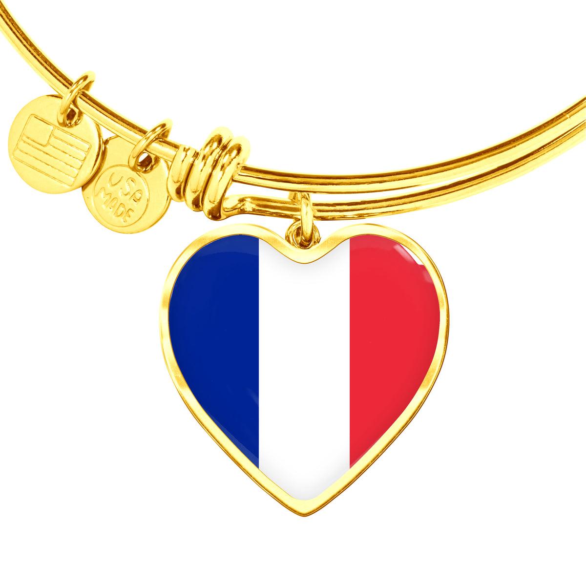 French Flag - 18k Gold Finished Heart Pendant Bangle Bracelet
