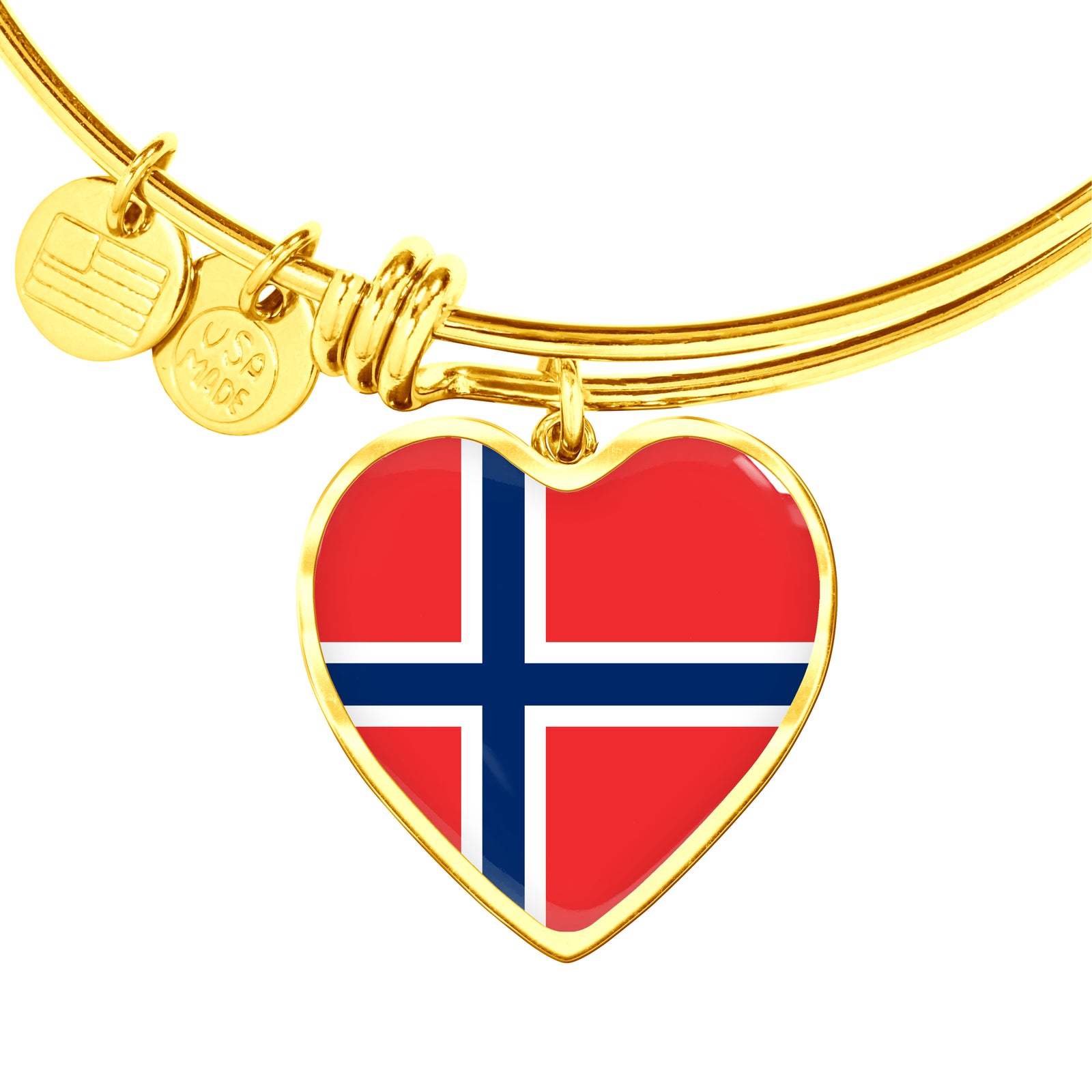 Norwegian Flag - 18k Gold Finished Heart Pendant Bangle Bracelet