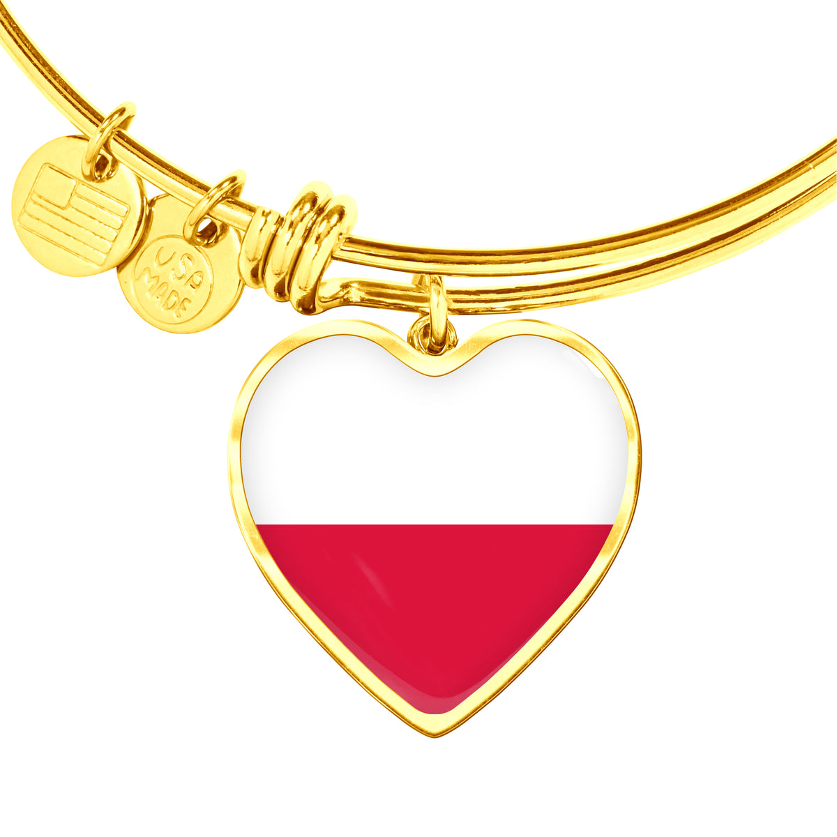 Polish Flag - 18k Gold Finished Heart Pendant Bangle Bracelet