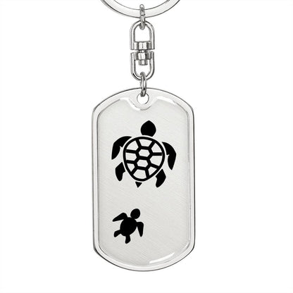 Mama Turtle With 1 Hatchling - Luxury Dog Tag Keychain