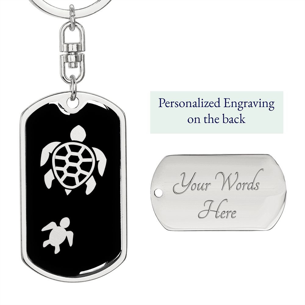 Mama Turtle With 1 Hatchling v2 - Luxury Dog Tag Keychain