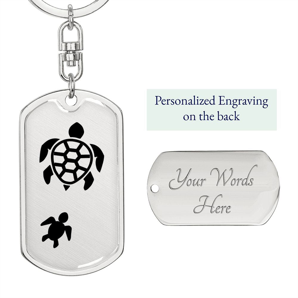 Mama Turtle With 1 Hatchling - Luxury Dog Tag Keychain