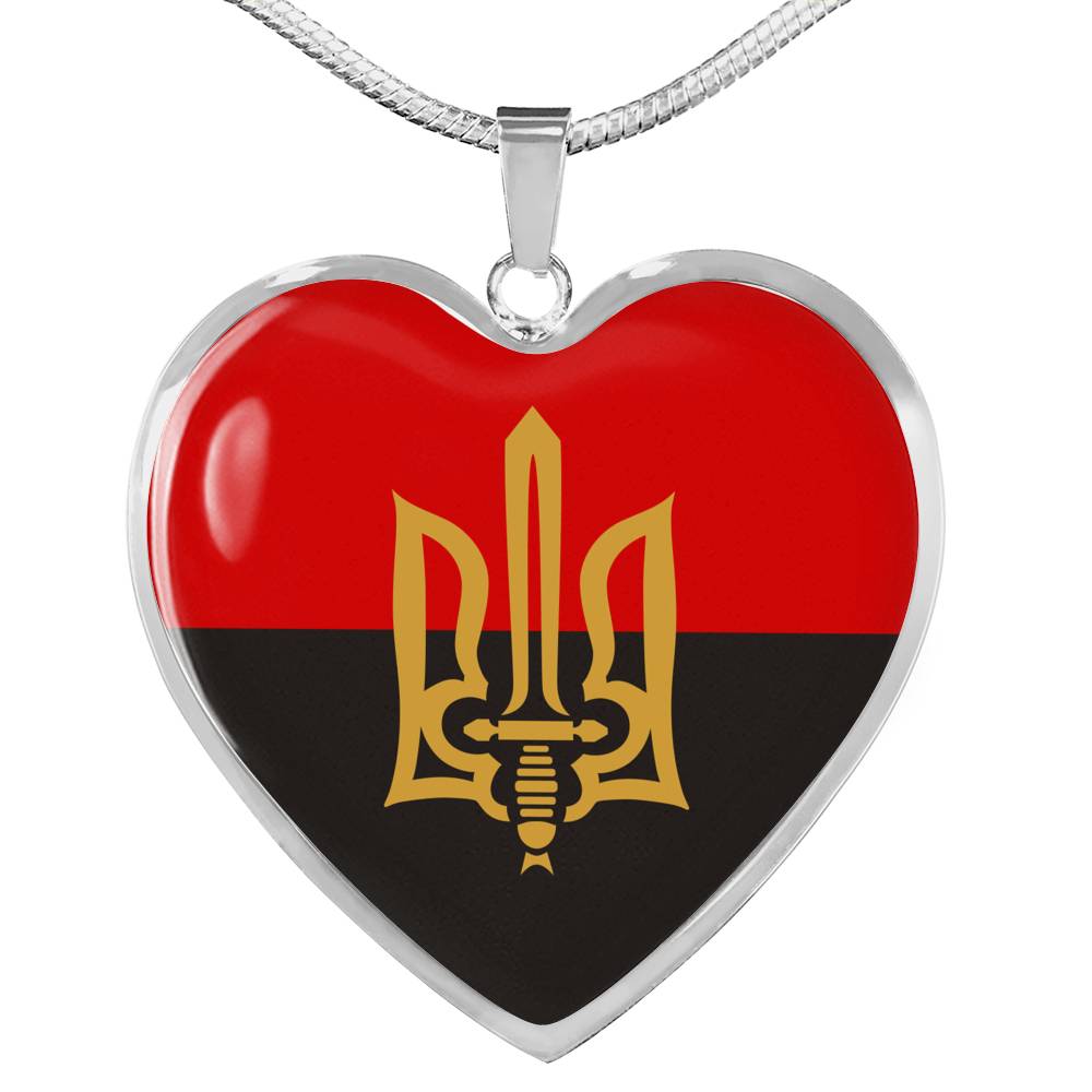 Stylized Tryzub And Red-Black Flag - Heart Pendant Luxury Necklace