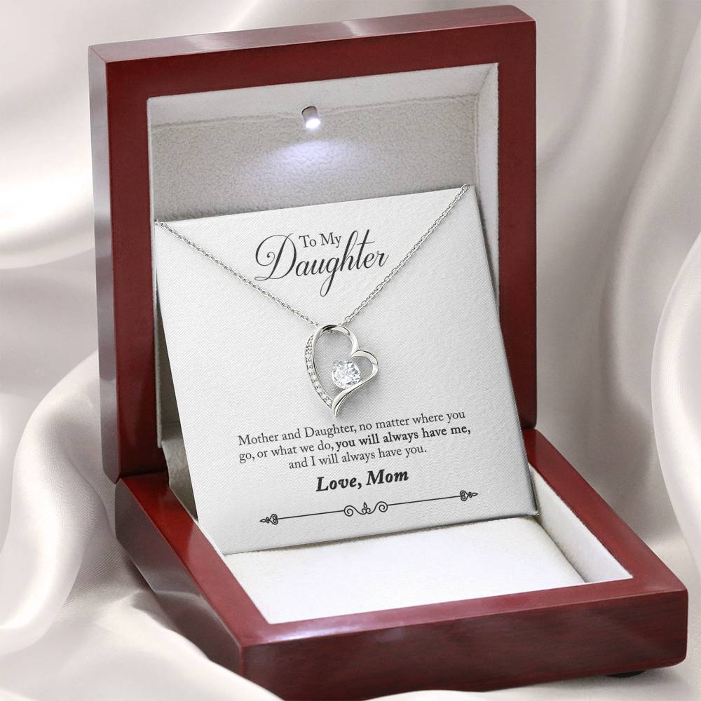 040 - To Daughter From Mom - Forever Love Heart Necklace With Mahogany Style Luxury Box