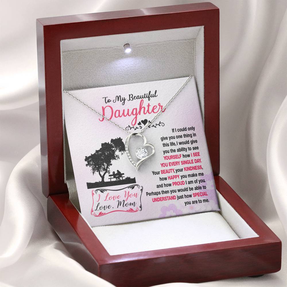 314 - To Daughter From Mom - Forever Love Heart Necklace With Mahogany Style Luxury Box