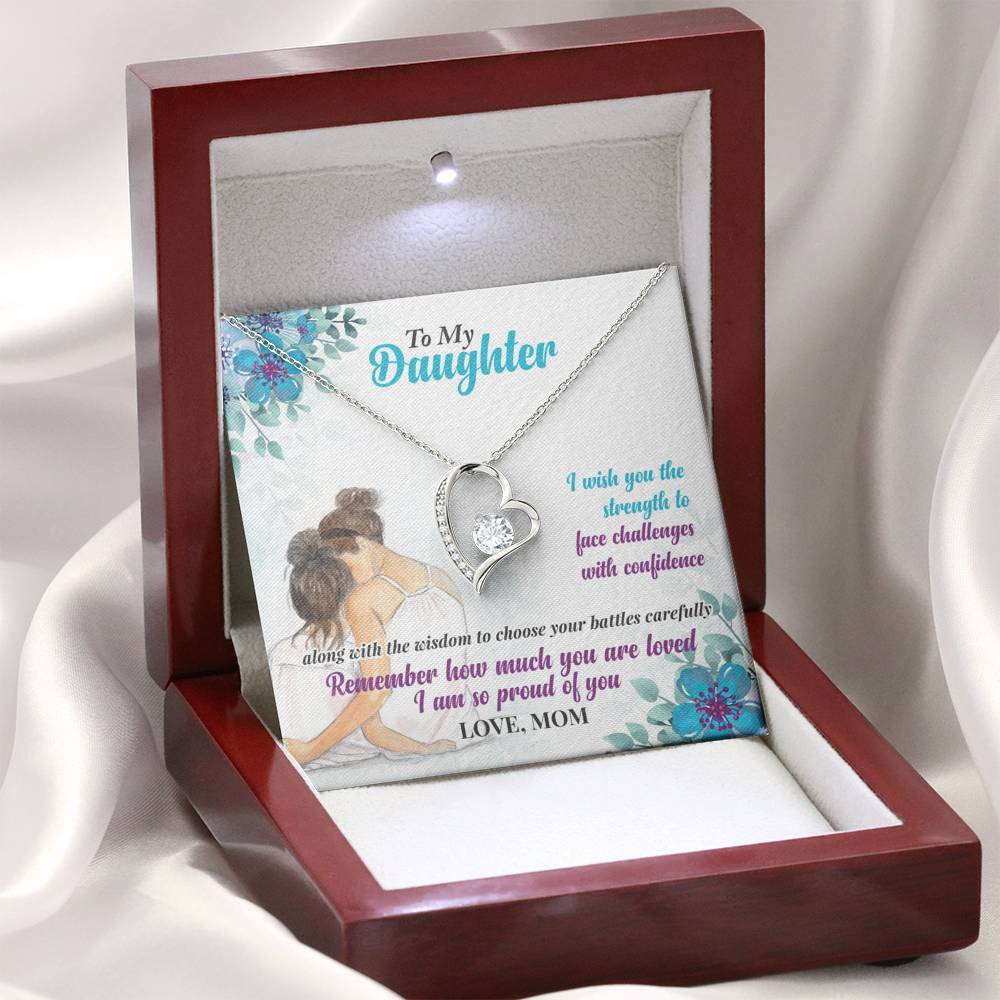 318 - To Daughter From Mom - Forever Love Heart Necklace With Mahogany Style Luxury Box