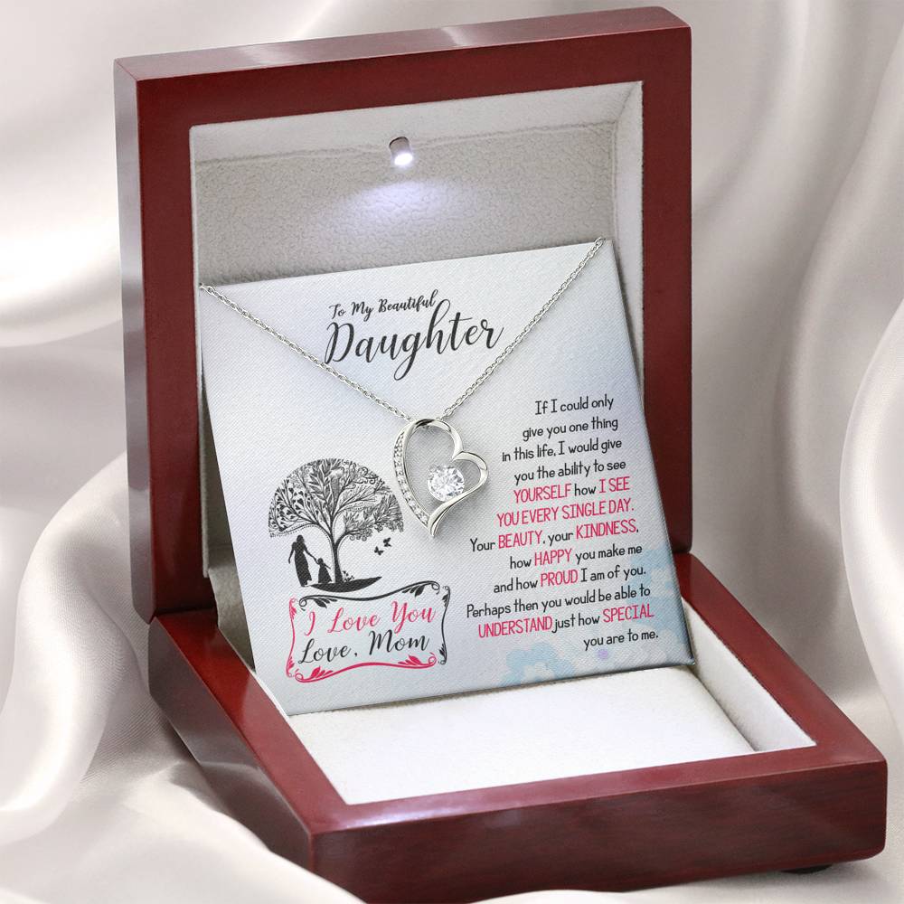 311 - To Daughter From Mom - Forever Love Heart Necklace With Mahogany Style Luxury Box