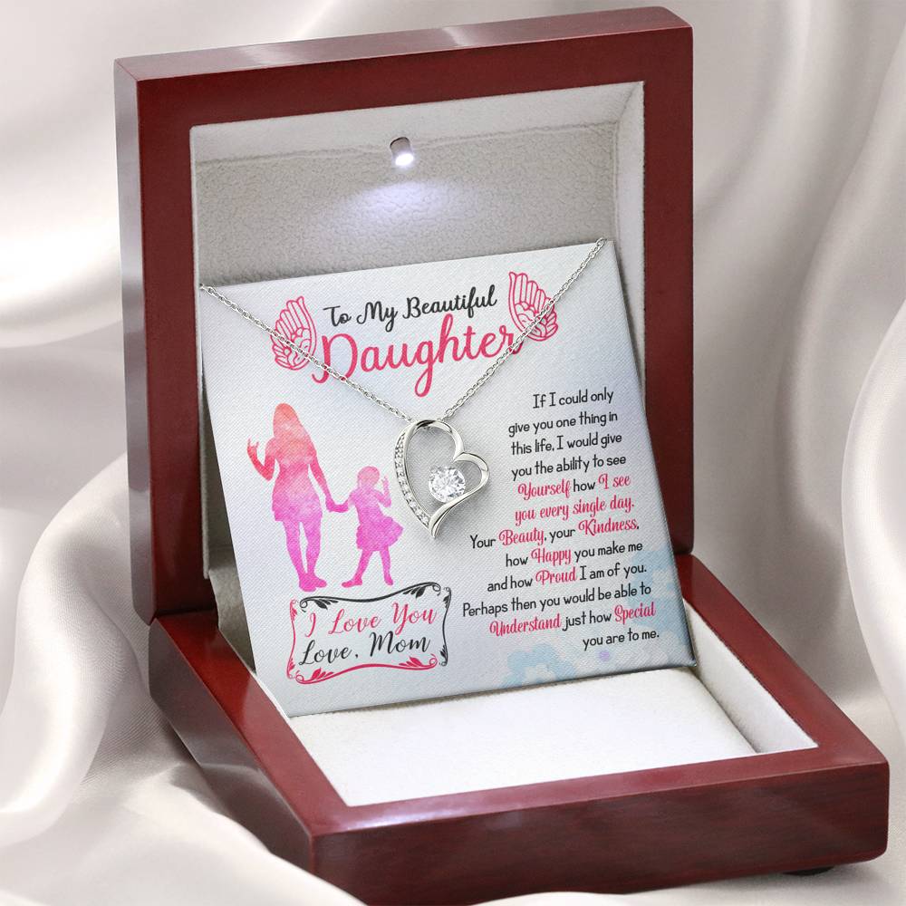 313 - To Daughter From Mom - Forever Love Heart Necklace With Mahogany Style Luxury Box