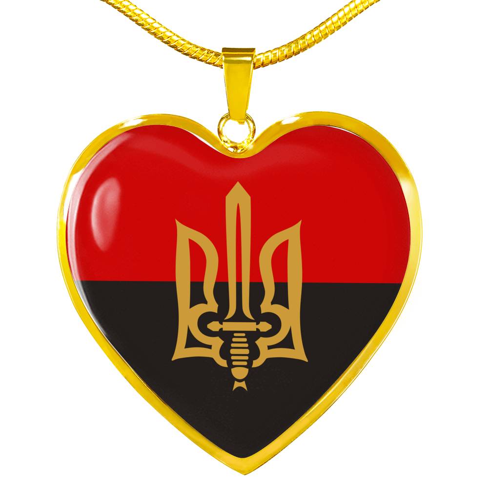 Stylized Tryzub And Red-Black Flag - 18k Gold Finished Heart Pendant Luxury Necklace