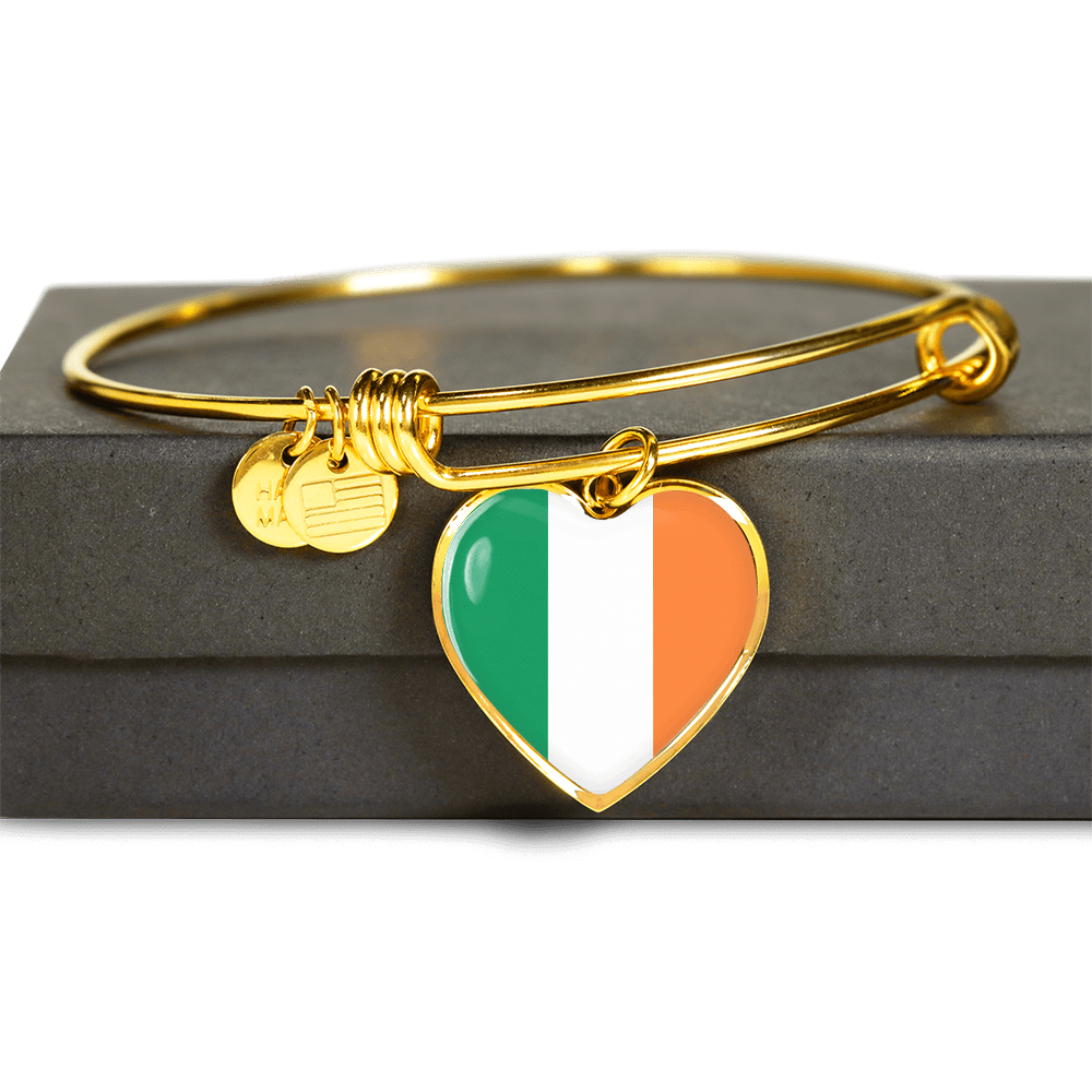 Irish Flag - 18k Gold Finished Heart Pendant Bangle Bracelet