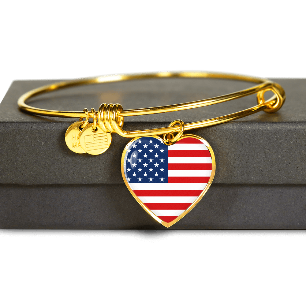American Flag - 18k Gold Finished Heart Pendant Bangle Bracelet
