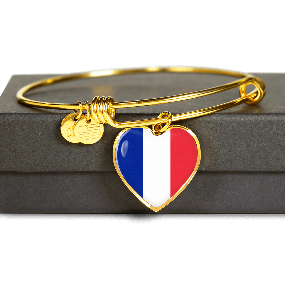 French Flag - 18k Gold Finished Heart Pendant Bangle Bracelet