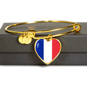 French Flag - 18k Gold Finished Heart Pendant Bangle Bracelet