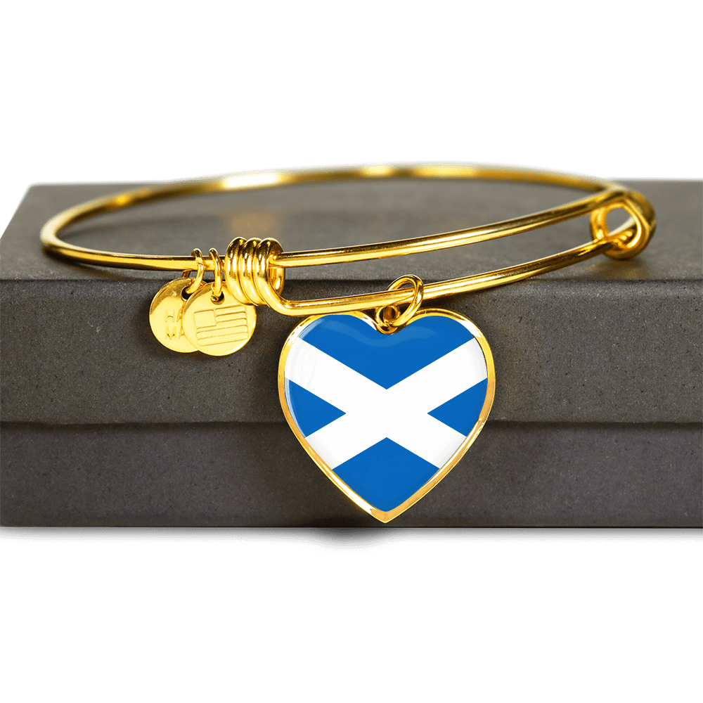 Scottish Flag - 18k Gold Finished Heart Pendant Bangle Bracelet