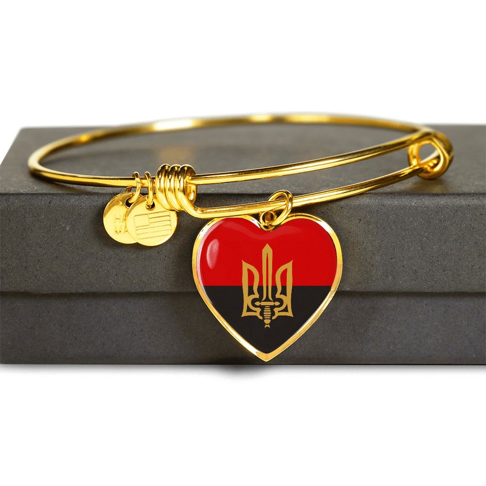Stylized Tryzub And Red-Black Flag - 18k Gold Finished Heart Pendant Bangle Bracelet