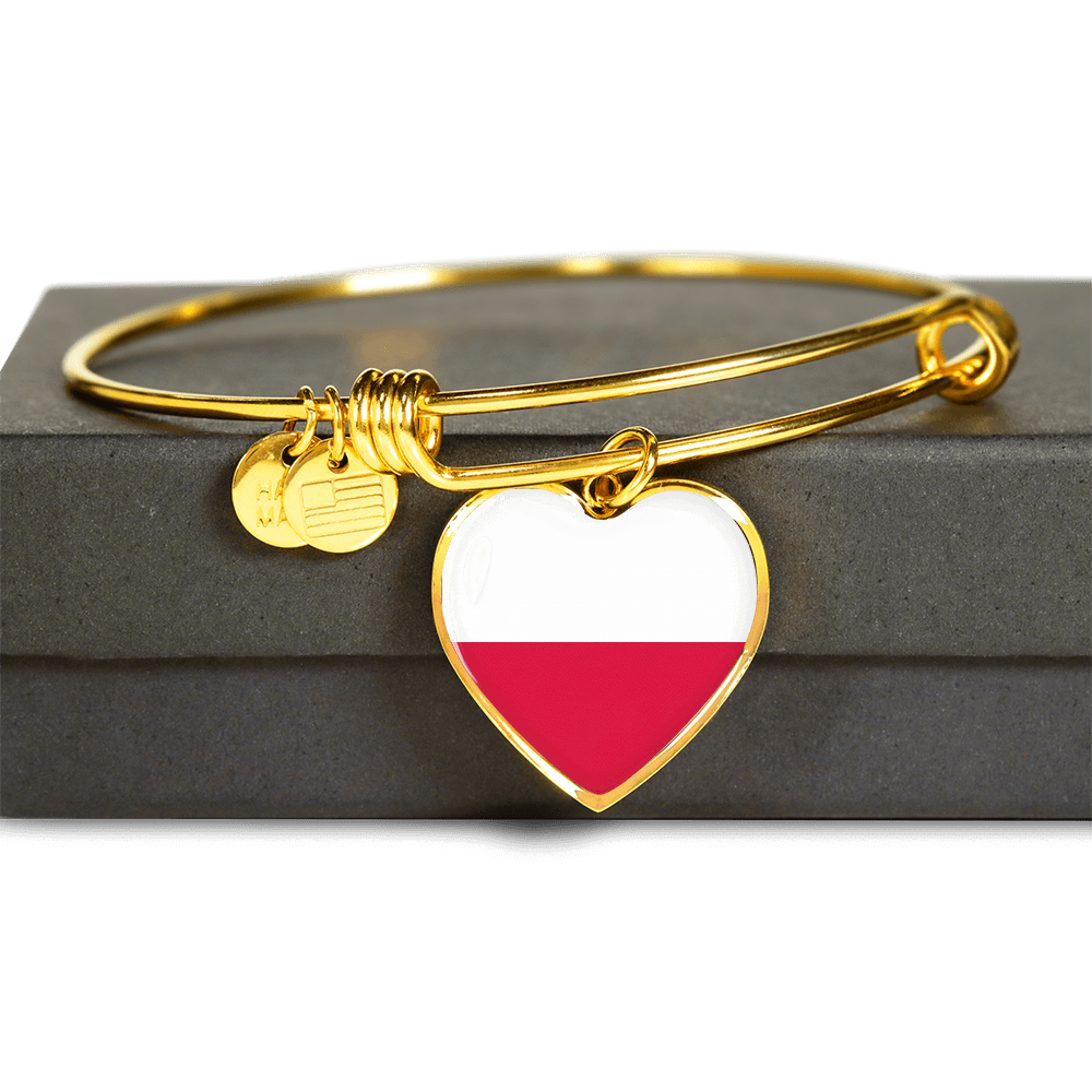 Polish Flag - 18k Gold Finished Heart Pendant Bangle Bracelet