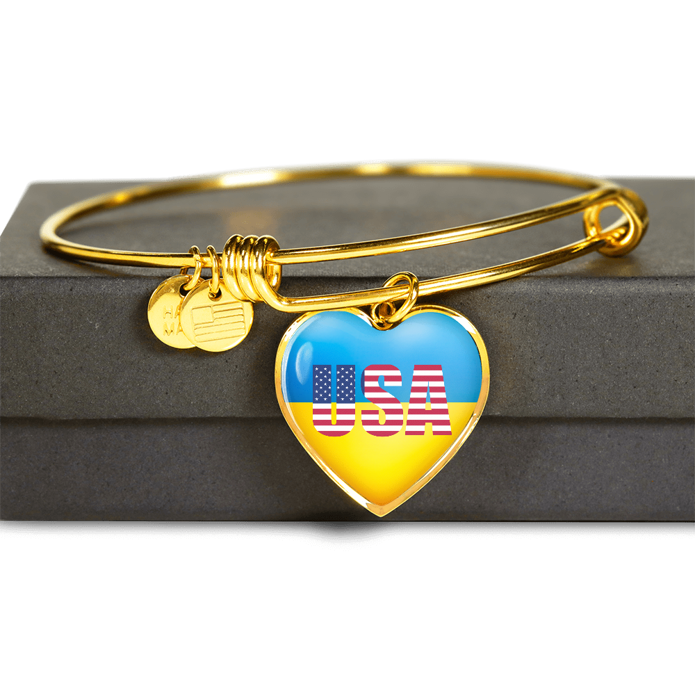 Ukrainian In The USA - 18k Gold Finished Heart Pendant Bangle Bracelet