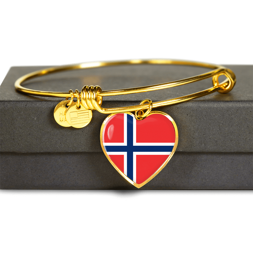 Norwegian Flag - 18k Gold Finished Heart Pendant Bangle Bracelet