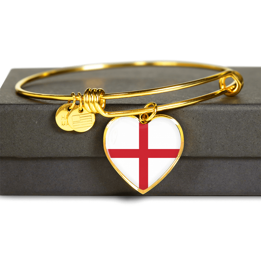 English Flag - 18k Gold Finished Heart Pendant Bangle Bracelet