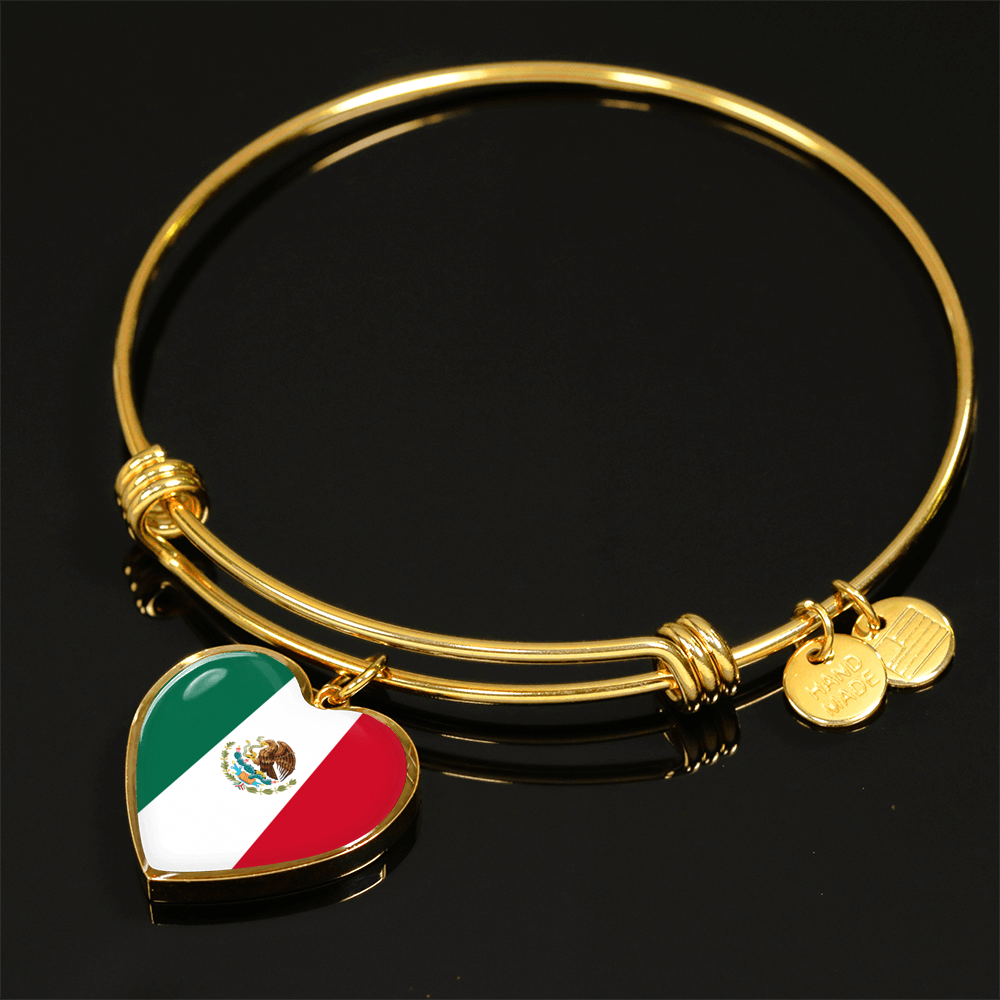 Mexican Flag - 18k Gold Finished Heart Pendant Bangle Bracelet