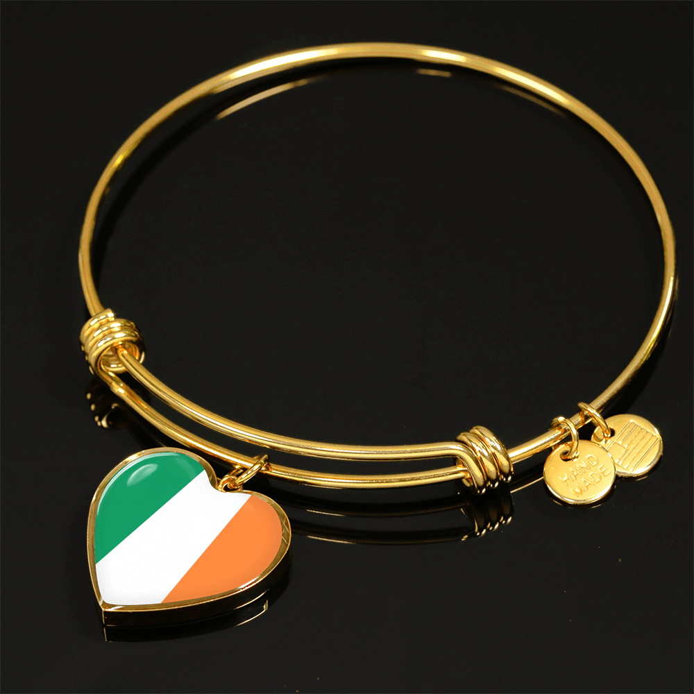 Irish Flag - 18k Gold Finished Heart Pendant Bangle Bracelet