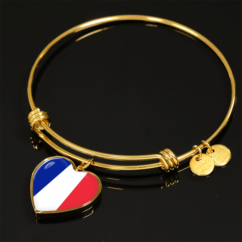 French Flag - 18k Gold Finished Heart Pendant Bangle Bracelet