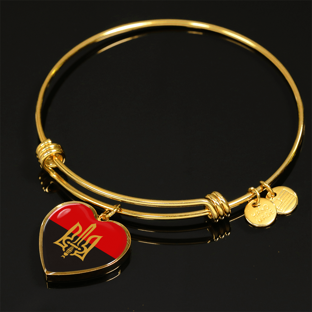 Stylized Tryzub And Red-Black Flag - 18k Gold Finished Heart Pendant Bangle Bracelet