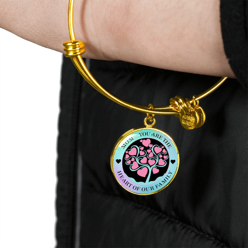 Mom, You Are The Heart Of Our Family v2 - 18k Gold Finished Bangle Bracelet