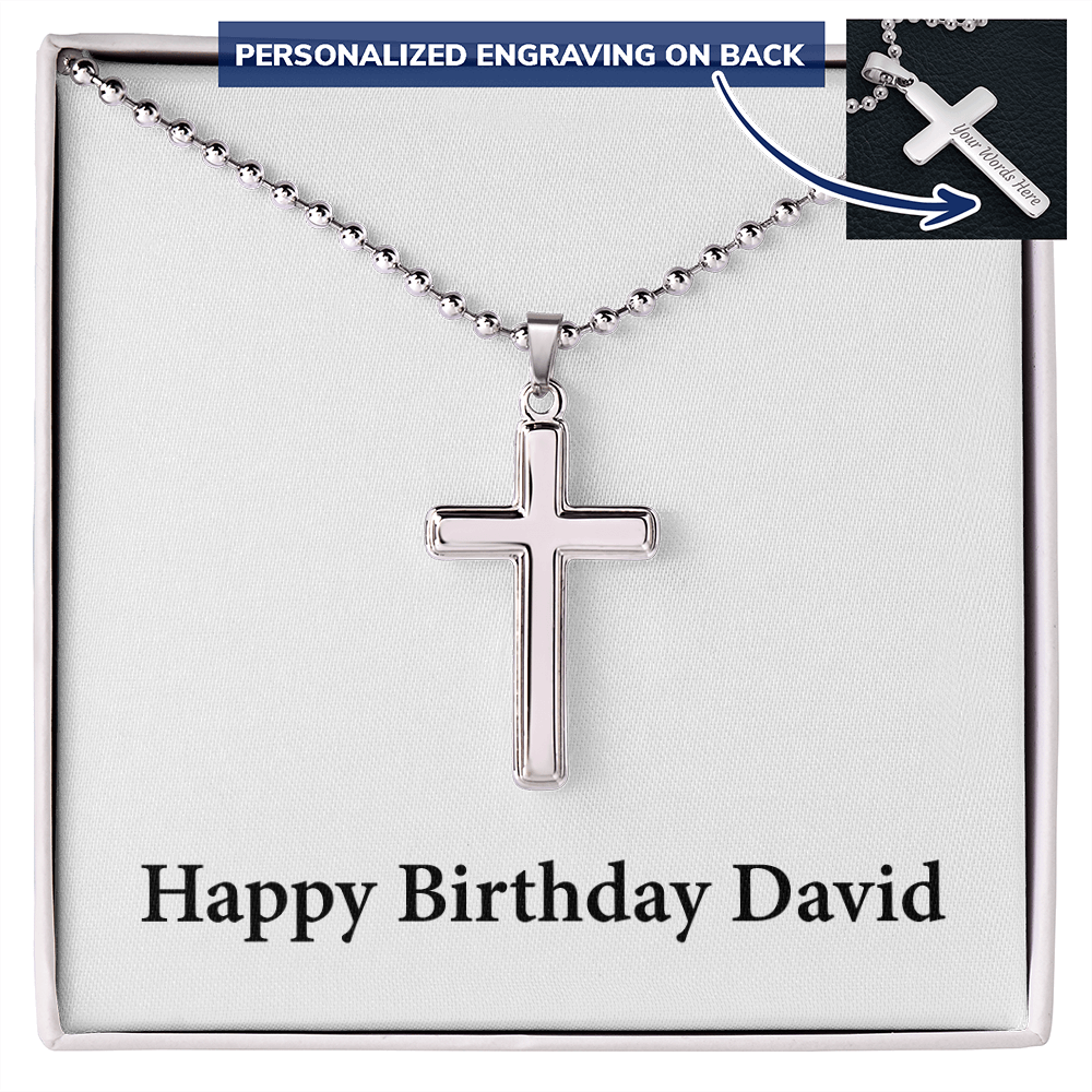 Happy Birthday David - Personalized Stainless Steel Ball Chain Cross Necklace